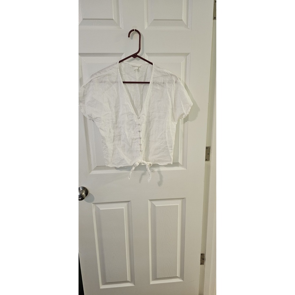 H&M LINEN-BLEND TIE-HEM BLOUSE CROPPED CROP TOP WHITE Size UK 12 - US Small - Picture 2 of 8